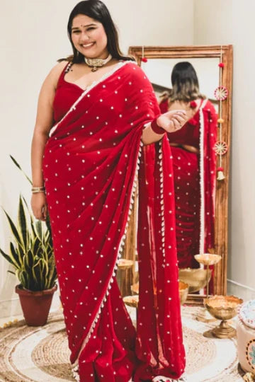 Diksha in red mirror shell saree
